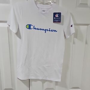 Champion White Tee with Blue and Green Logo
